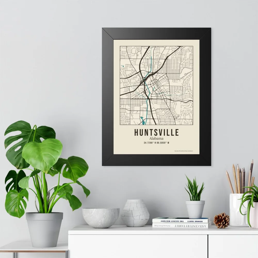 Example: framed street map of Huntsville, Alabama, above a shelf