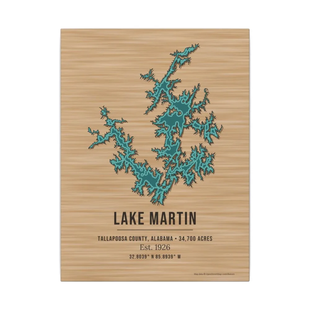 Example: 12x16 canvas with a Lake Martin map in teal on a wood-tone background