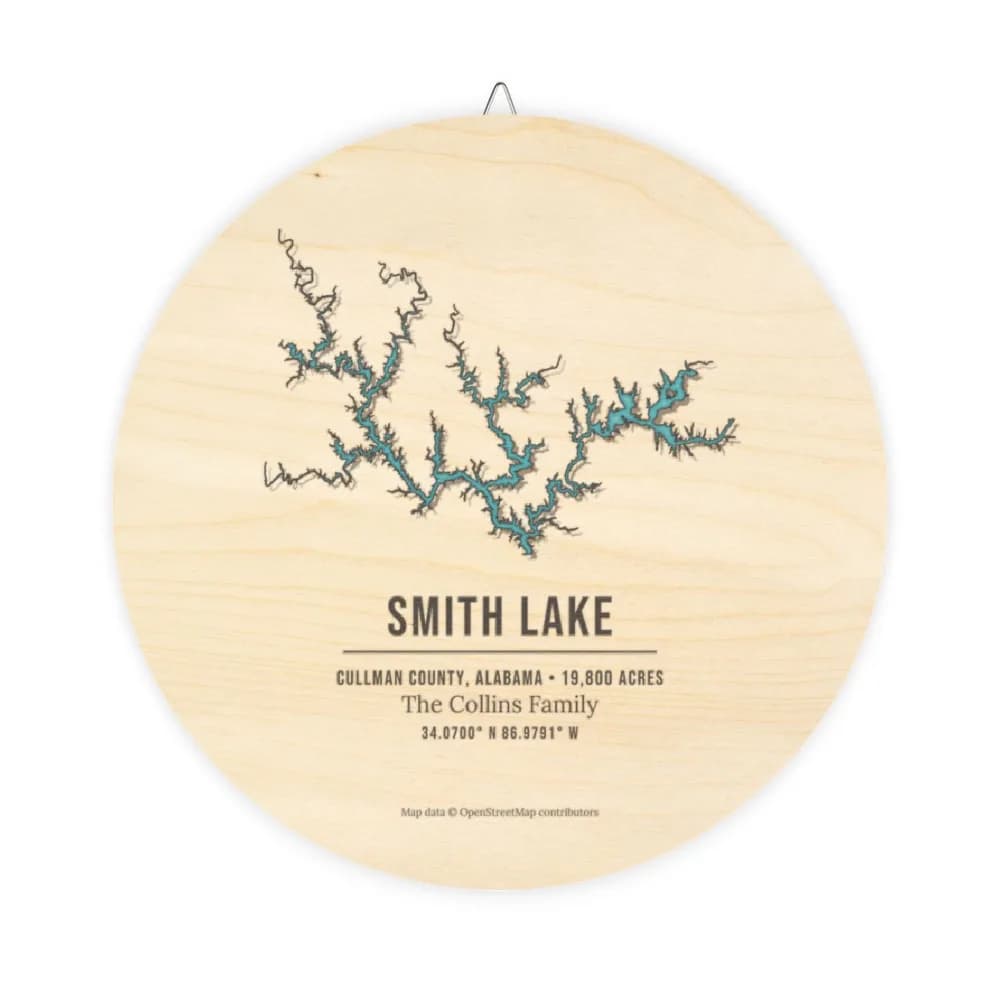 Example: round natural wood sign printed with a Smith Lake map and The Collins Family