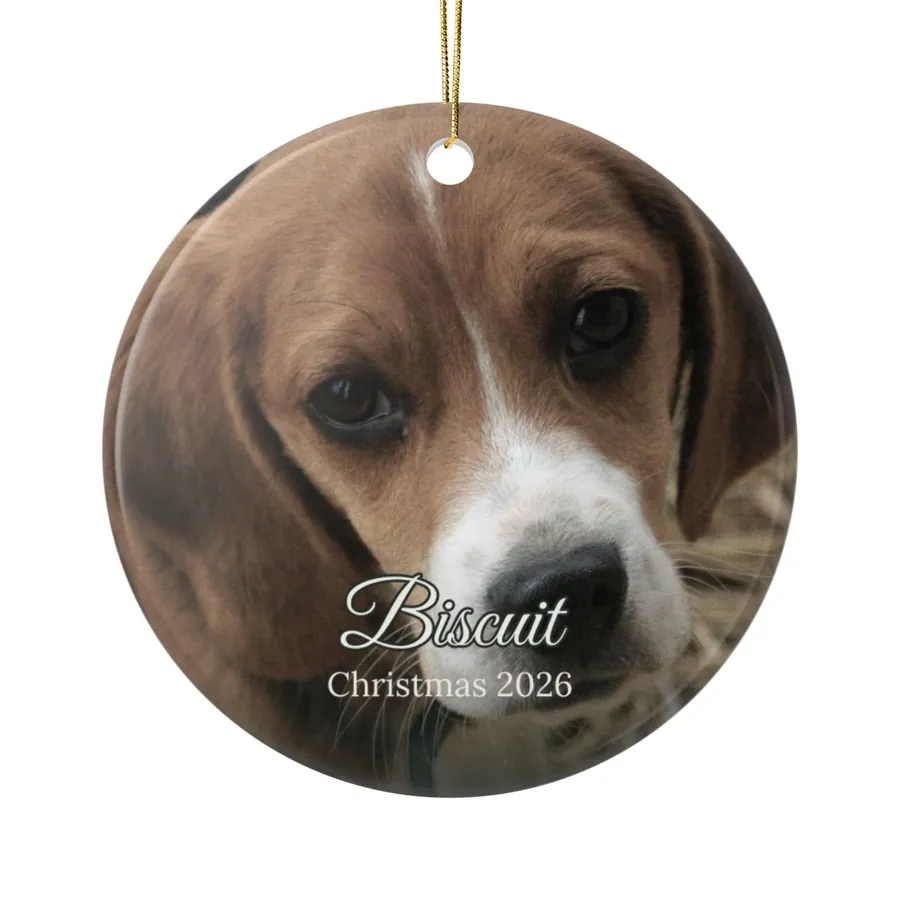 Example: round ceramic ornament with a beagle photo and the name Biscuit