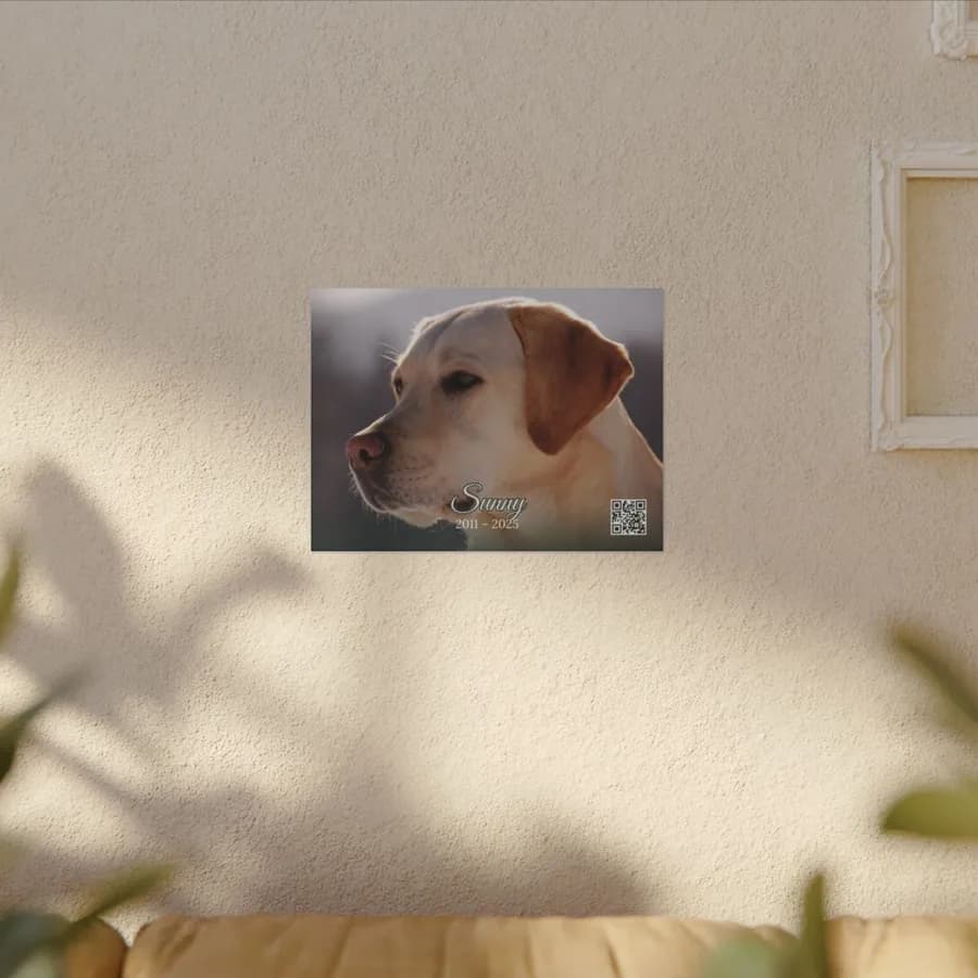 Example: memorial canvas of a yellow Labrador named Sunny hanging on a wall