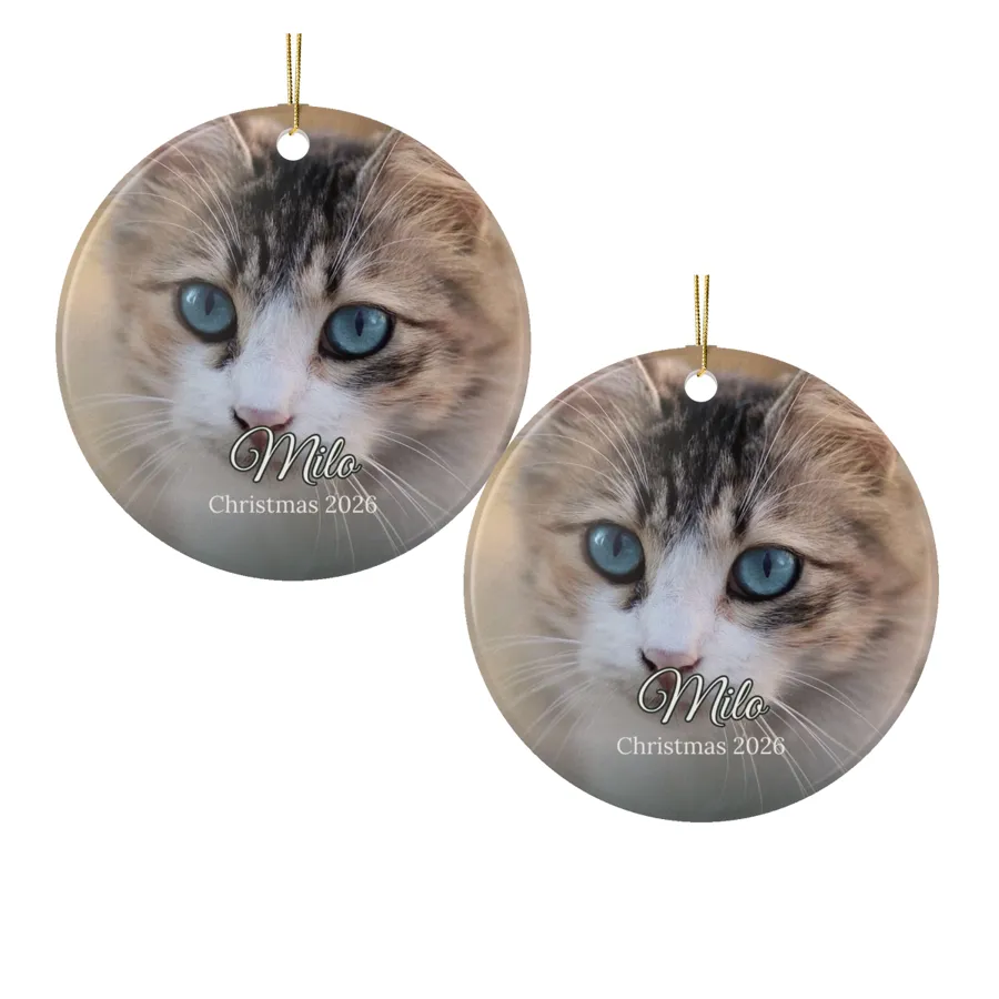 Example: two matching ceramic ornaments with a tabby cat photo and the name Milo