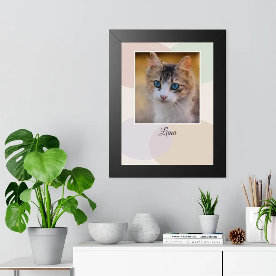 Example: framed watercolor-style portrait of a cat named Luna on a wall