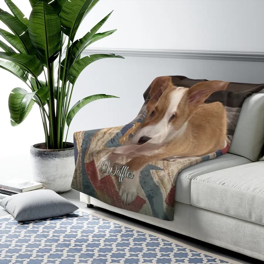 Example: sherpa blanket with a corgi photo on a sofa