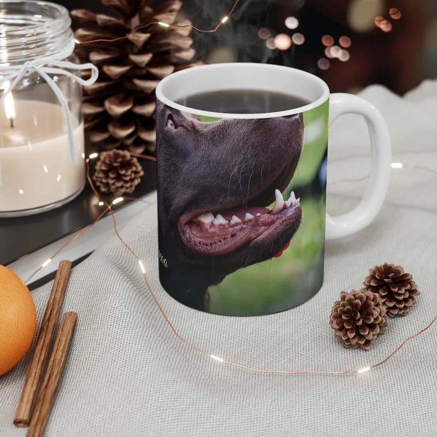 Example: 11oz mug with a Labrador photo and the name Cocoa