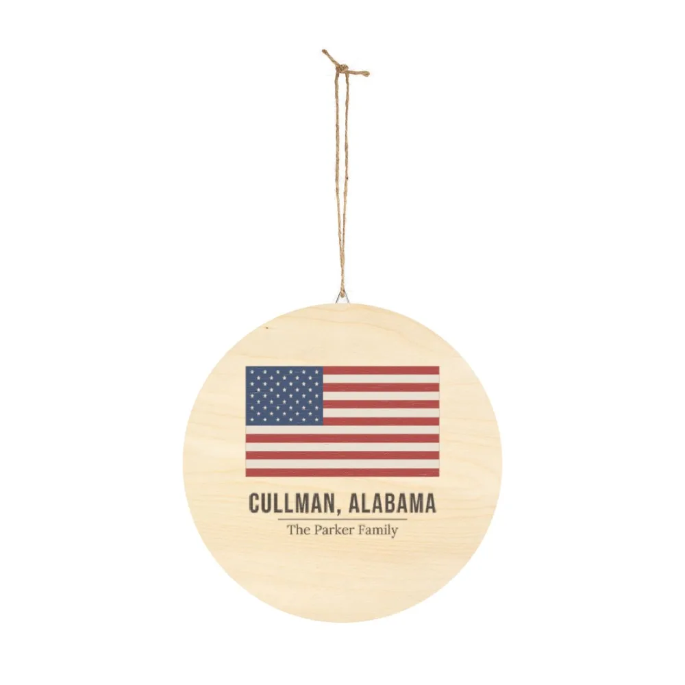 Example: the flag wood sign with its hanging cord