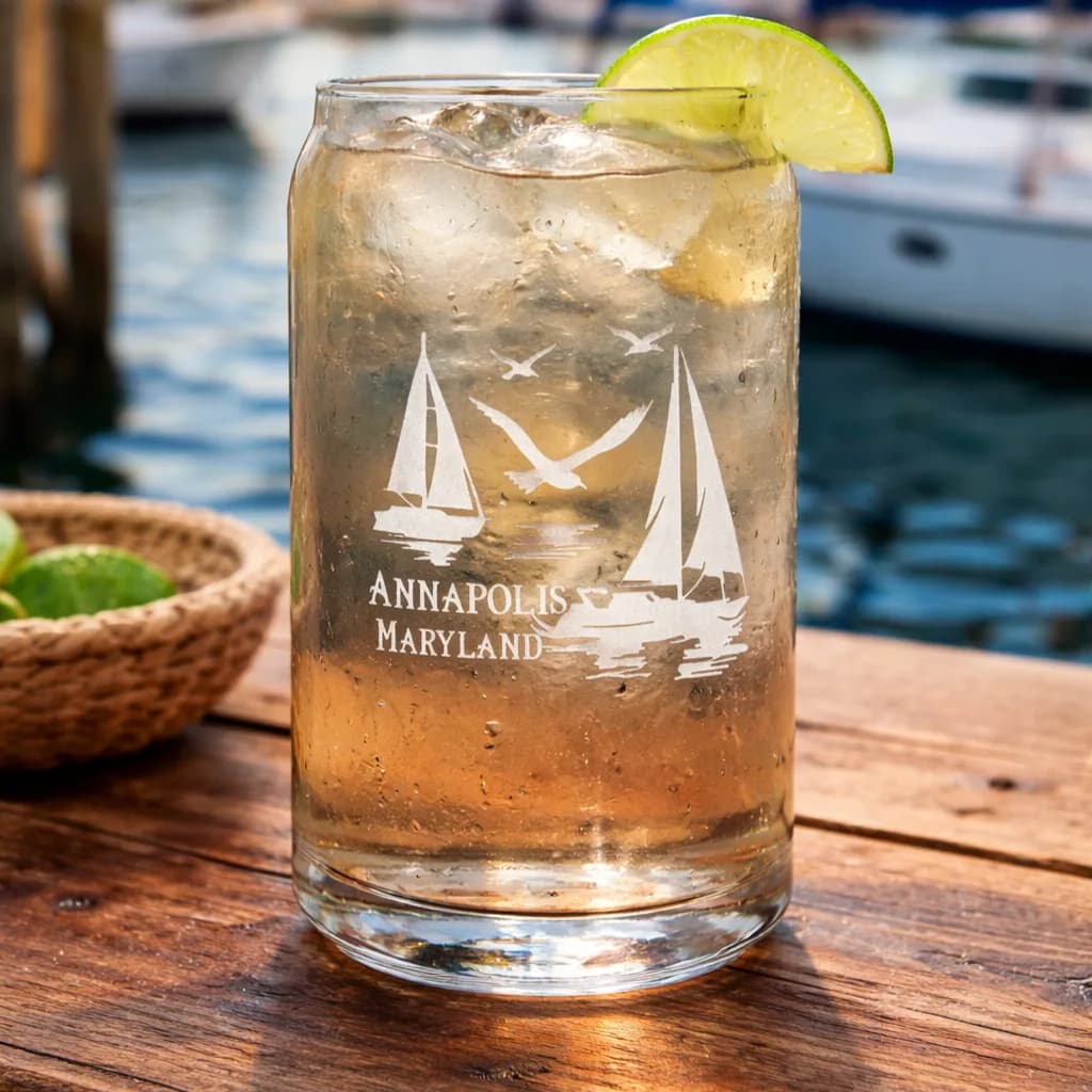 Gifts of Glass & Wear product photo: Custom Nautical Coastal City Sailboat Etched Drinkware