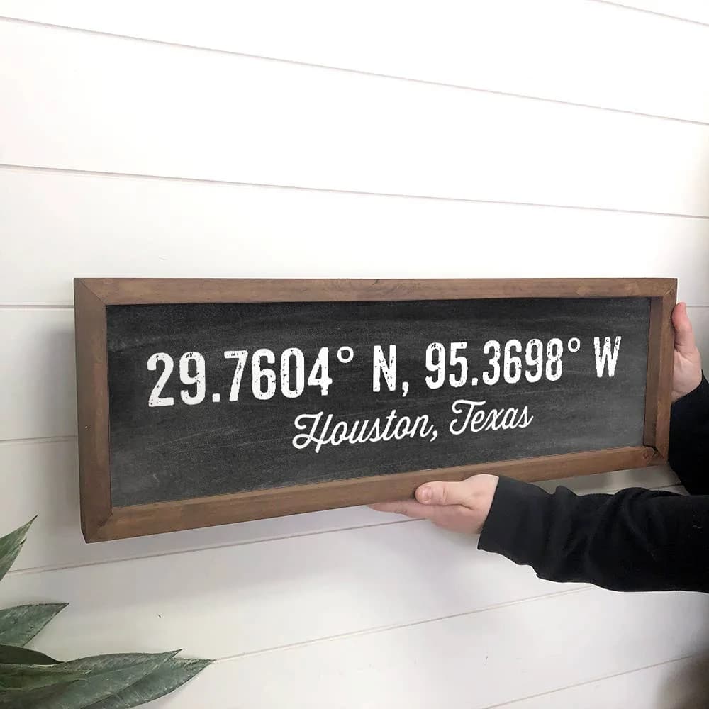 Hangout Home product photo: Custom Coordinates- Houston, Texas- Long Wooden Sign