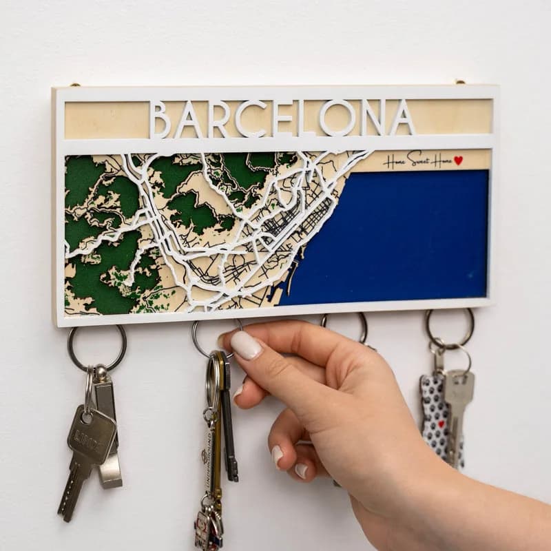 Example: Barcelona wooden key holder with keys hanging from hidden magnets