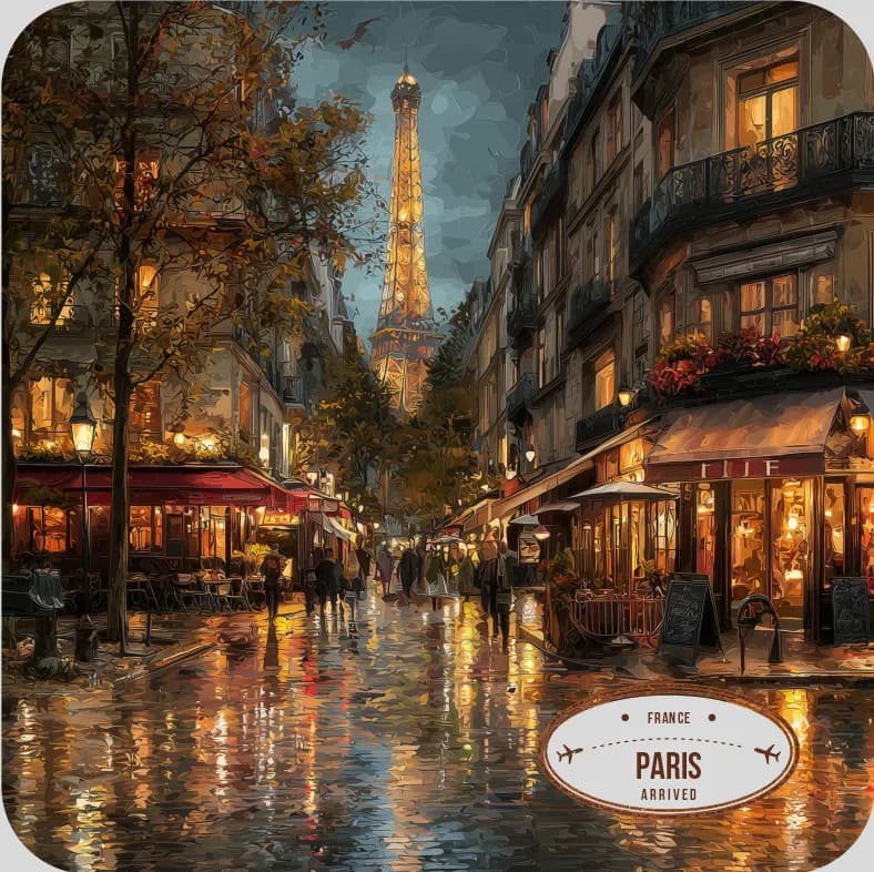 Example: four wooden coasters with an evening Paris street scene and a Paris label