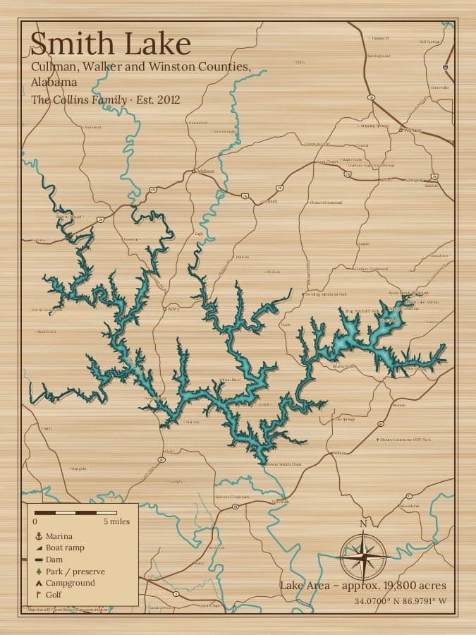Smith Lake map framed print example with The Collins Family, Est. 2012