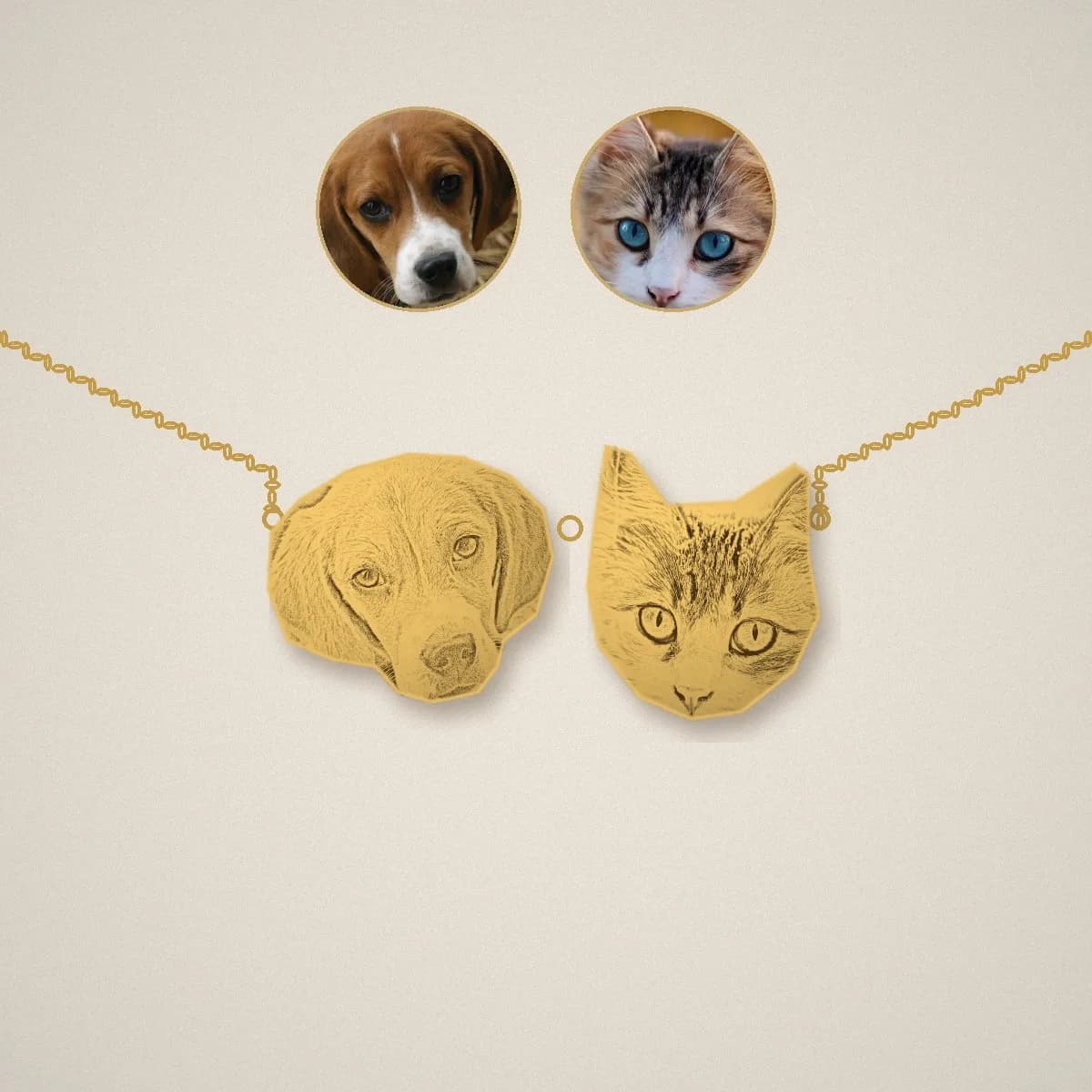 Illustration: gold bracelet with two engraved pet-face charms, a beagle and a tabby cat, made from the sample photos shown above them
