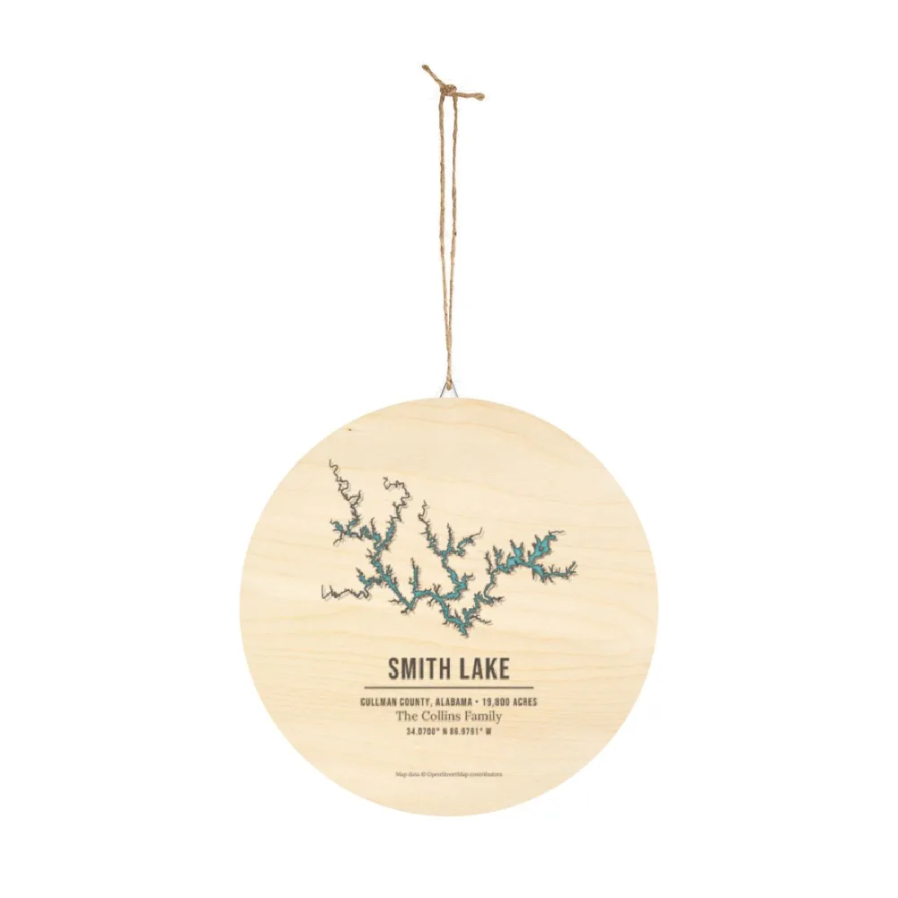 Example: the round lake map wood sign with its hanging cord