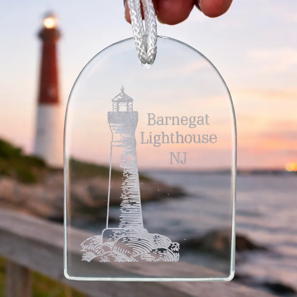 Gifts of Glass & Wear product photo: Custom Lighthouse Glass Ornament - Etched Coastal Suncatcher
